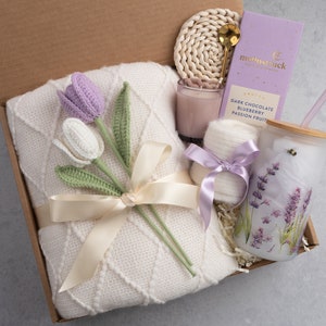 New Mom and Baby Gift Box with Blanket, Gift for Women After Birth, Post Pregnancy Gift Basket, Mom to be Self Care Package Postpartum Purple Tulips