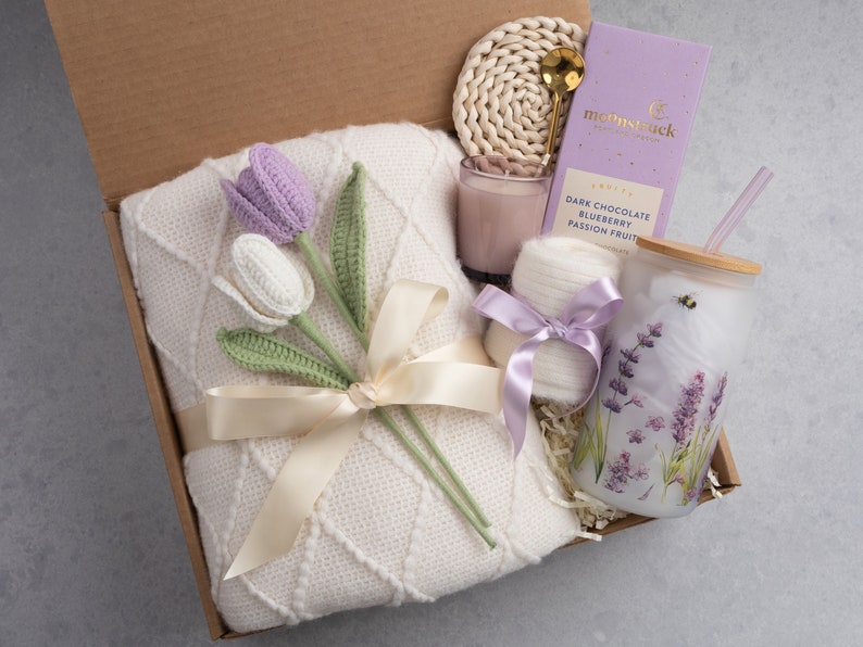 New Mom and Baby Gift Box with Blanket, Gift for Women After Birth, Post Pregnancy Gift Basket, Mom to be Self Care Package Postpartum Purple Tulips