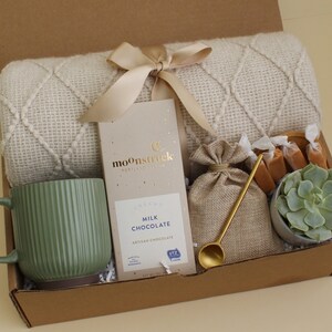 Hygge Gift Box, Self Care Gift Box, Cozy Gift Box, Care Package For Her, Thinking Of You Gift, Sunshine Box, Hug In A Box, Comfort Box GreenRibMugBeigeChoc