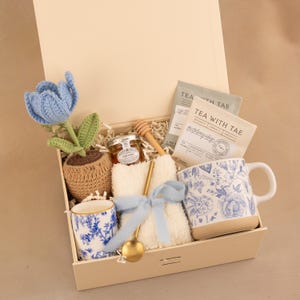 Sympathy Gift Basket, Hygge Gift Box with Blanket, Sending a hug, Thinking of you, bereavement gift, Encouragement gift, Thank You, Sunshine Mini Tulip Blue