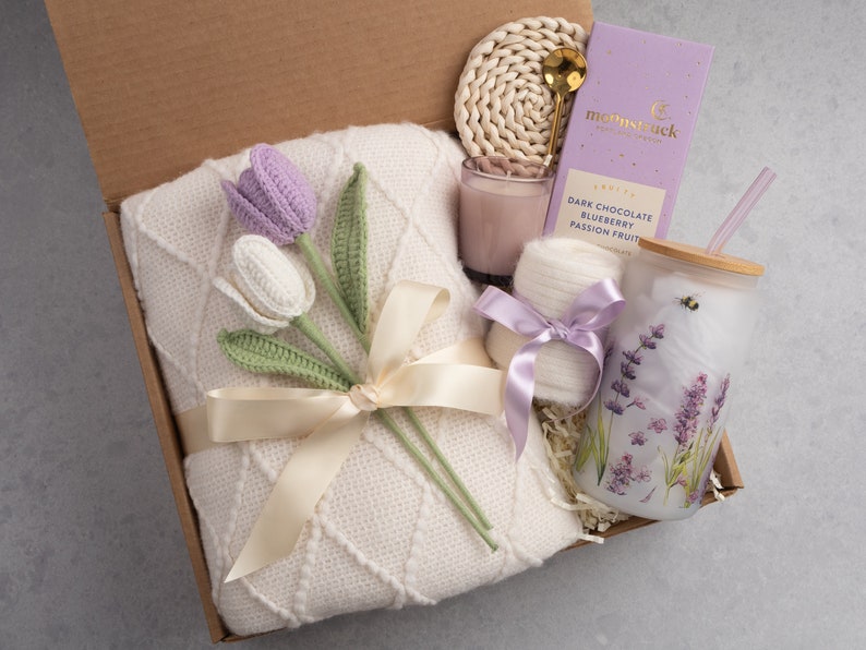 Crochet Mothers Day Gift box, Mothers Day Gift From Daughter, Gift For Mom, Best Mom Ever, Mothers Day Gift basket, Care Package for Mom Purple Crochet Tulip
