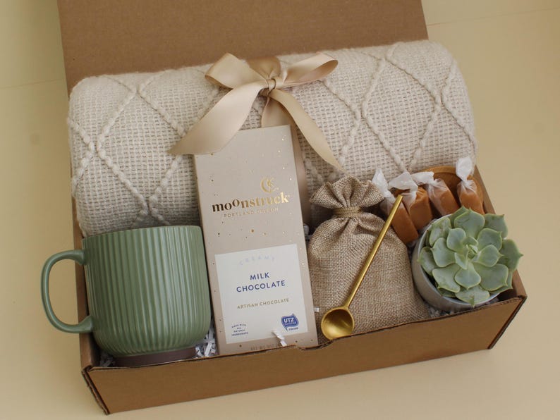 Sympathy Gift Basket, Hygge Gift Box with Blanket, Sending a hug, Thinking of you, Thank You gift, Encouragement gift GreenRibMugBeigeChoc