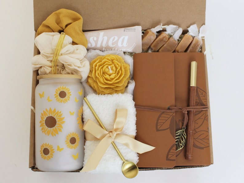 Hug In A Box, Encouragement Gift, Mom Gift Set, Hygee Gift Box, Thinking Of You Box, Cozy Care Package, Self Care Basket, Blanket Gift Box SunflowerPeonyCandle