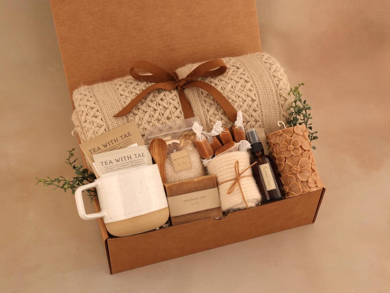 Sympathy Gift Basket, Hygge Gift Box with Blanket, Sending a hug, Thinking of you, bereavement gift, Encouragement gift, Thank You, Sunshine SpaRusticBrownFlower