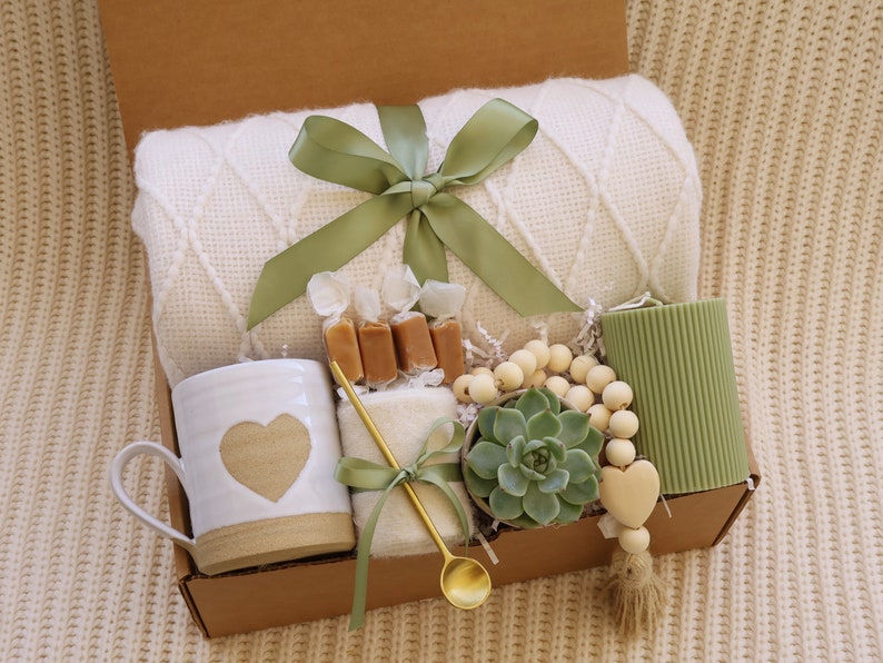 Gift Box With Blanket, Care Package For Her, Happy Easter, Sending A Hugs, Gift For Mom, Mother'S Day Gift, Sympathy Gift Basket Heart Mug Succulent