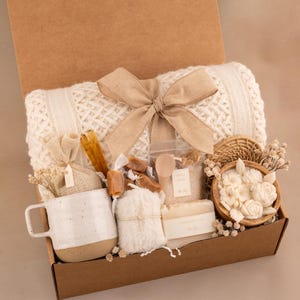 Sympathy Gift Basket, Hygge Gift Box with Blanket, Sending a hug, Thinking of you, bereavement gift, Encouragement gift, Thank You, Sunshine Spa Rustic White