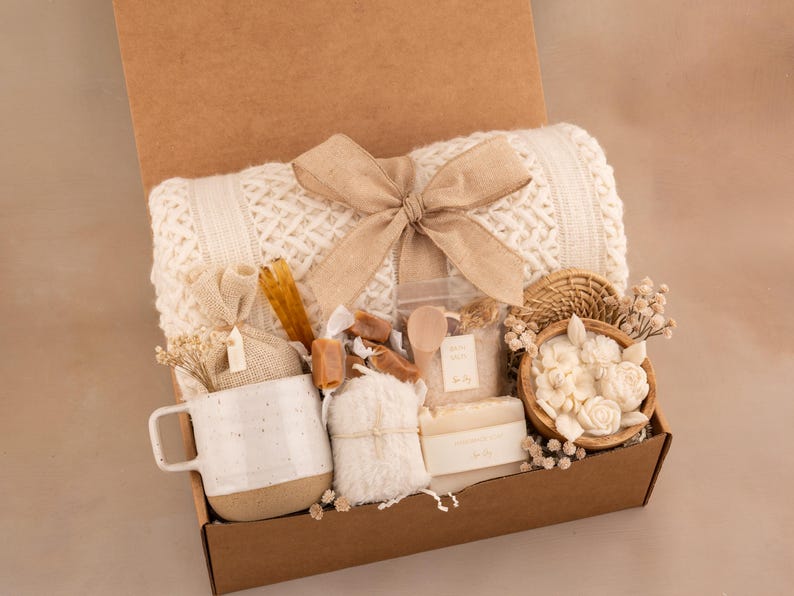 Sympathy Gift Basket, Hygge Gift Box with Blanket, Sending a hug, Thinking of you, bereavement gift, Encouragement gift, Thank You, Sunshine Spa Rustic White