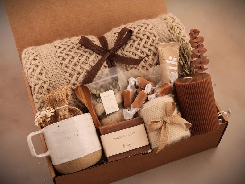 Cozy Hygge Gift Box, Self Care Gift Box, Fall Gift Box, Holiday Gifts, Gift Set For Her Mom, Miss You, Sending A Hug, Gift For Colleagues Spa Blanket Rustic