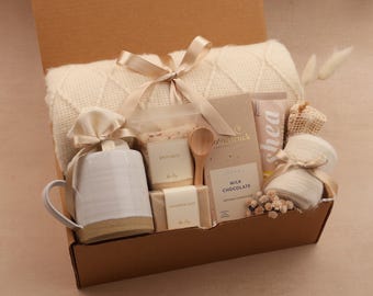 Self Care Gift Box For Her, Stress Relief, Cozy Blanket, Herbal Tea, Chocolate