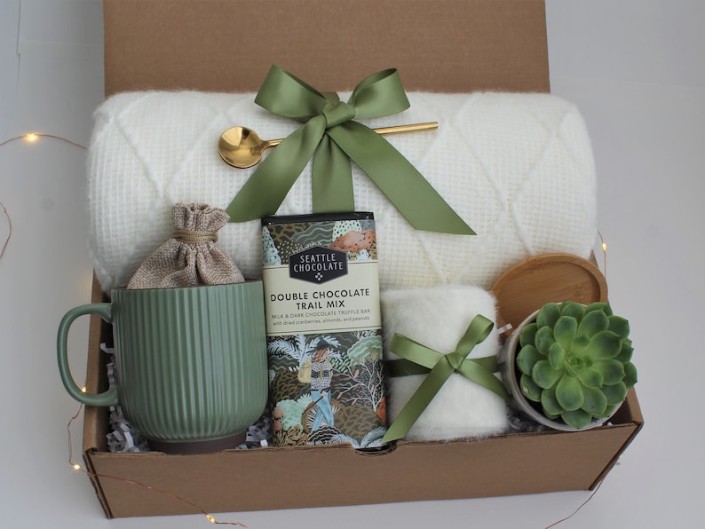 Hug In A Box, Encouragement Gift, Mom Gift Set, Hygee Gift Box, Thinking Of You Box, Cozy Care Package, Self Care Basket, Blanket Gift Box GreenRibMugChocSucc