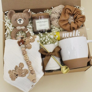 Coffret cadeau maman et bébé pour femme après la naissance, panier-cadeau pour bébé, trousse de soins post-partum, cadeau push, nouveau-né garçon, fille, unisexe Brown Bear