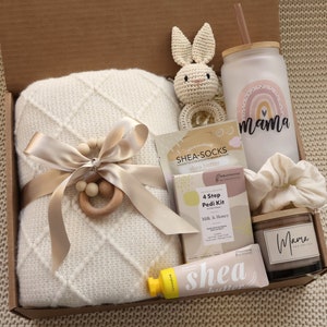 New Mom and Baby Gift Box with Blanket, Gift for Women After Birth, Post Pregnancy Gift Basket, Mom to be Self Care Package Postpartum Bunny Blanket Spa