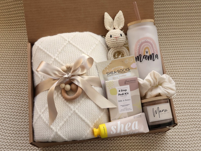 New Mom and Baby Gift Box with Blanket, Gift for Women After Birth, Post Pregnancy Gift Basket, Mom to be Self Care Package Postpartum Bunny Blanket Spa