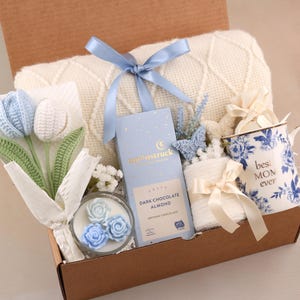 Unique Gifts for Mom, Happy Mother's Day Gift Box with Blanket, Gift for Mom, Mother's Day Gift Basket, Gift Box for Women, Gift for Her Blue Tulips Mom