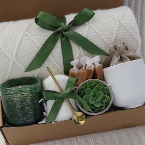 Get Well Soon Blanket Gift Box For Women and Men, Care Package For Her or Him, Thinking Of You, Sympathy, Surgery Recovery, Tea Basket GreenGlass Candle