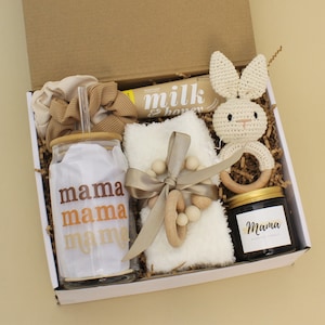 Coffret cadeau maman et bébé pour femme après la naissance, panier-cadeau pour bébé, trousse de soins post-partum, cadeau push, nouveau-né garçon, fille, unisexe Mama Glass Bunny