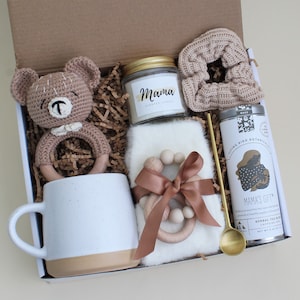 Coffret cadeau maman et bébé pour femme après la naissance, panier-cadeau pour bébé, trousse de soins post-partum, cadeau push, nouveau-né garçon, fille, unisexe BrownBear MamaTea