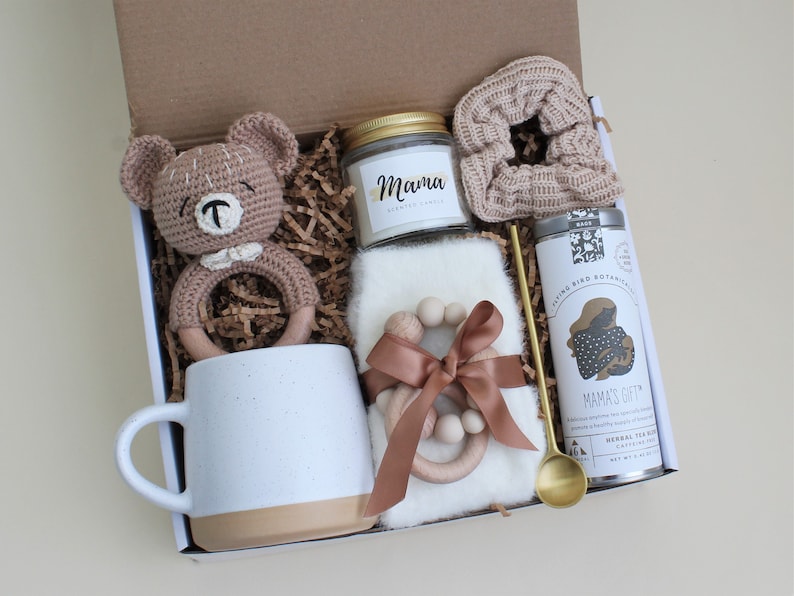 Coffret cadeau maman et bébé pour femme après la naissance, panier-cadeau pour bébé, trousse de soins post-partum, cadeau push, nouveau-né garçon, fille, unisexe BrownBear MamaTea