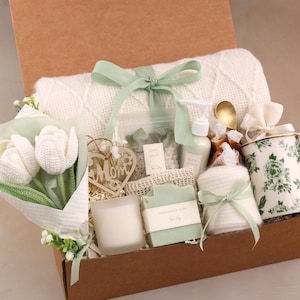 Unique Gifts for Mom, Happy Mother's Day Gift Box with Blanket, Gift for Mom, Mother's Day Gift Basket, Gift Box for Women, Gift for Her Spa White Tulips
