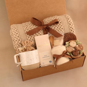 Sympathy Gift Basket, Hygge Gift Box with Blanket, Sending a hug, Thinking of you, bereavement gift, Encouragement gift, Thank You, Sunshine BrownFloralWoodCandl