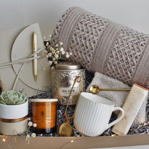 Sympathy Gift Basket, Hygge Gift Box with Blanket, Sending a hug, Thinking of you, Thank You gift, Encouragement gift DeluxeTaupeBlanket