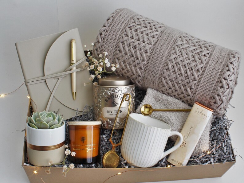 Sympathy Gift Basket, Hygge Gift Box with Blanket, Sending a hug, Thinking of you, Thank You gift, Encouragement gift DeluxeTaupeBlanket