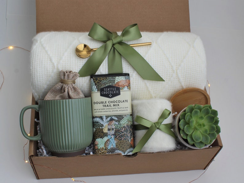 Sending a hug gift box, thinking of you, birthday gift, self care gift basket, warm and cozy, thank you gift box, get well soon GreenRibMugChocSucc