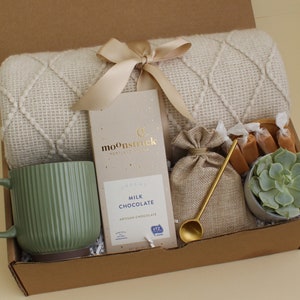 Cozy Hygge Gift Box, Self Care Gift Box, Fall Gift Box, Holiday Gifts, Gift Set For Her Mom, Miss You, Sending A Hug, Gift For Colleagues GreenRibMugBeigeChoc