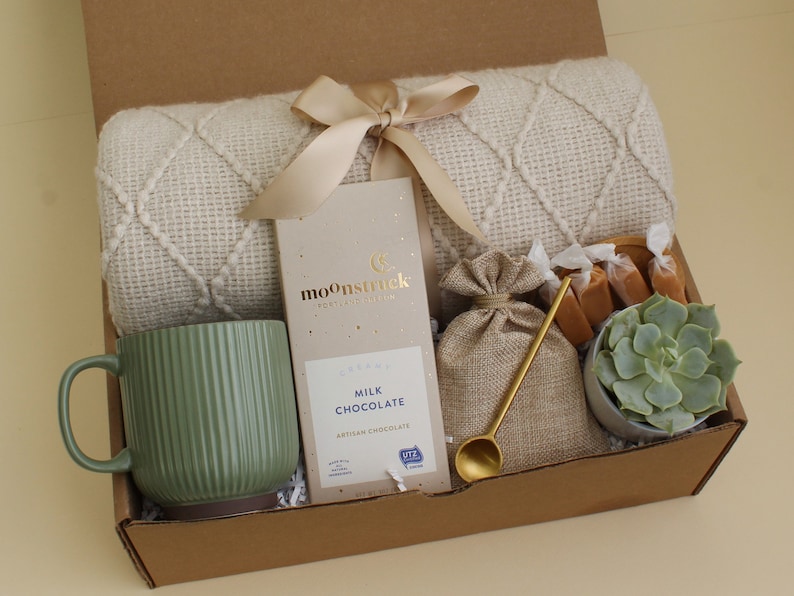 Cozy Hygge Gift Box, Self Care Gift Box, Fall Gift Box, Holiday Gifts, Gift Set For Her Mom, Miss You, Sending A Hug, Gift For Colleagues GreenRibMugBeigeChoc