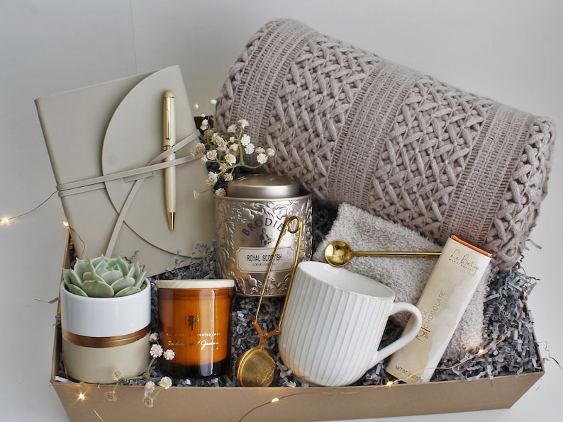 Sympathy Gift Basket, Hygge Gift Box with Blanket, Sending a hug, Thinking of you, bereavement gift, Encouragement gift, Thank You, Sunshine DeluxeTaupeBlanket