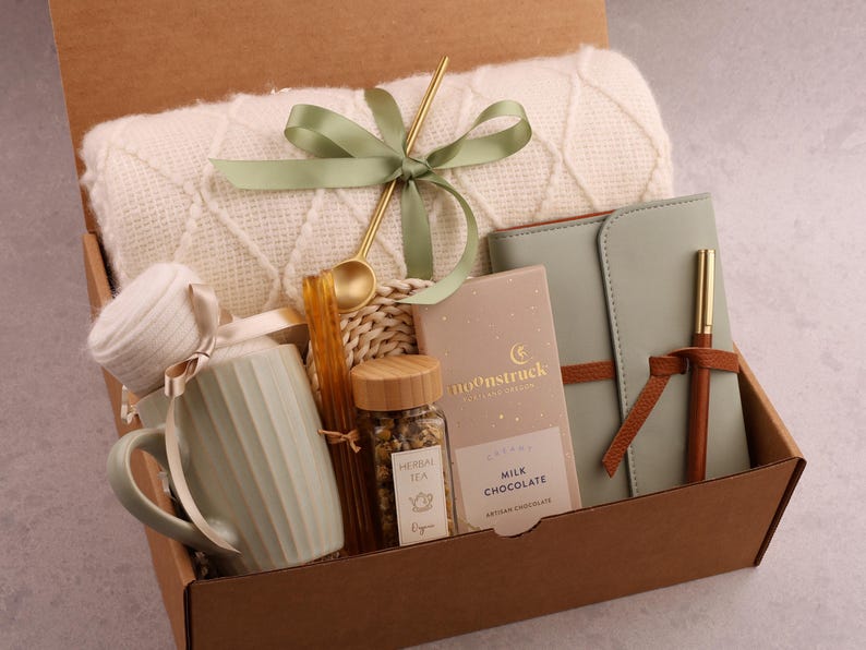 Thank you gift, thank you gift for friend, Hygge Gift Box with Blanket, thank you gift box, thank you gift mentor, teacher, coworker Sage Journal Tea