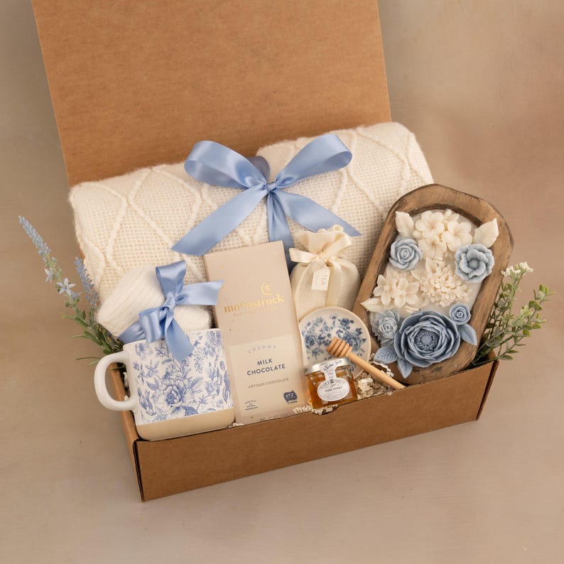 Get Well Soon Blanket Gift Box For Women and Men, Care Package For Her or Him, Thinking Of You, Sympathy, Surgery Recovery, Tea Basket BlueToileWoodCandle