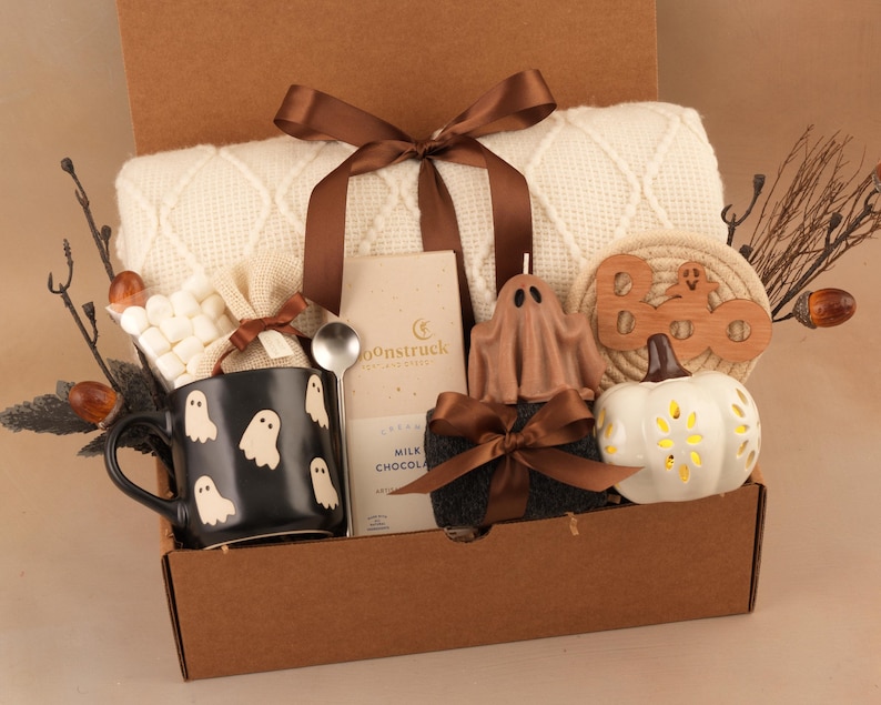Hygge Fall Gift Box, Boo Basket, Spooky Season Gift, Cozy Fall Gift Set, Harvest Gift, Pumpkin Spice, Halloween Gifts Boo White Brown