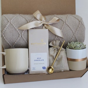 Hug In A Box, Encouragement Gift, Mom Gift Set, Hygee Gift Box, Thinking Of You Box, Cozy Care Package, Self Care Basket, Blanket Gift Box RibMugBeigeSucculent