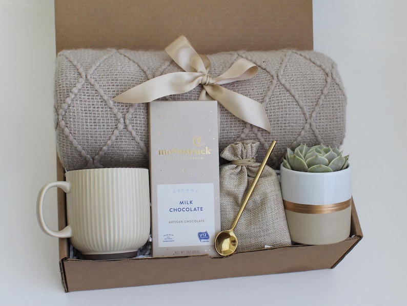 Hug In A Box, Encouragement Gift, Mom Gift Set, Hygee Gift Box, Thinking Of You Box, Cozy Care Package, Self Care Basket, Blanket Gift Box RibMugBeigeSucculent