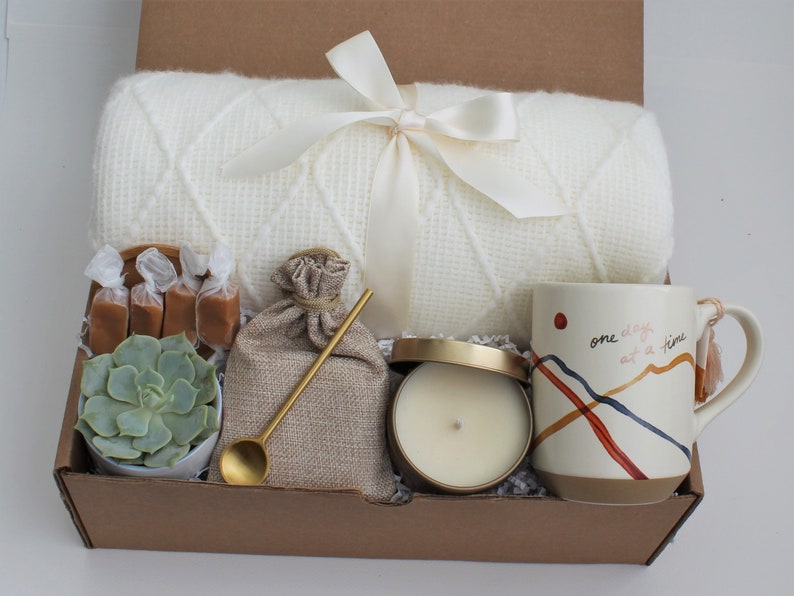 Sending a hug gift box, thinking of you, birthday gift, self care gift basket, warm and cozy, thank you gift box, get well soon OneDayAtTimeBlanket