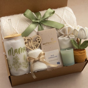 New Mom and Baby Gift Box with Blanket, Gift for Women After Birth, Post Pregnancy Gift Basket, Mom to be Self Care Package Postpartum MamaGlassMiniTulip