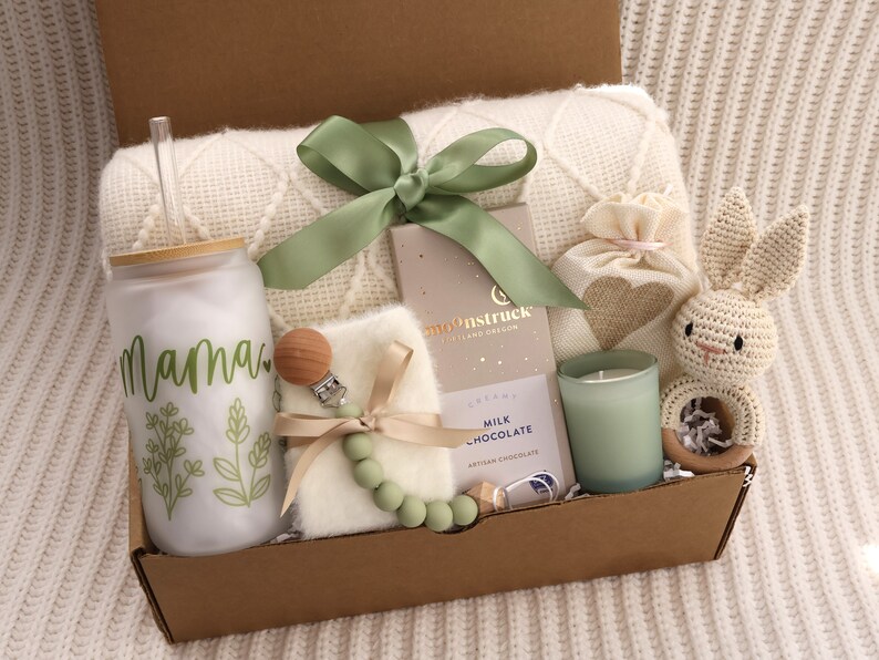 New Mom, Baby Gift Box for Women After Birth, Baby Gift Basket, Postpartum Care Package, Push Present, Newborn Boys, Girls, Unisex MamaGlassBlanktGreen