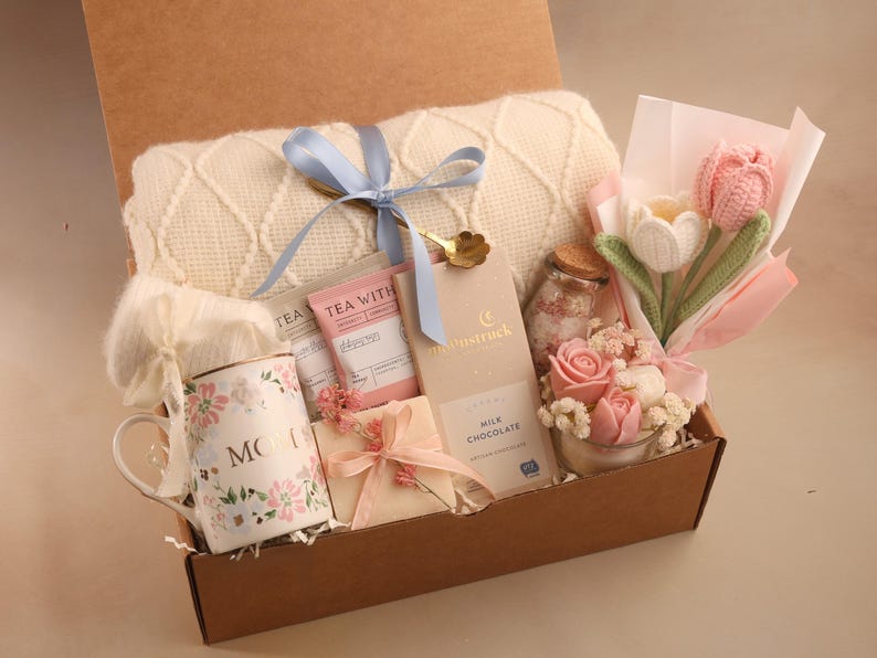 Unique Gifts for Mom, Happy Mother's Day Gift Box with Blanket, Gift for Mom, Mother's Day Gift Basket, Gift Box for Women, Gift for Her PinkTulip BlueRibbon