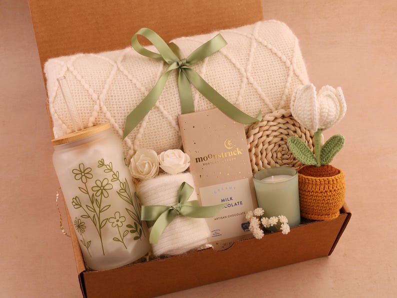 Sending Healing Vibes Gift Box For Women, Gift Basket With Blanket, Succulent, Socks, Candle, Get Well Gift For Her, Thinking Of You Gift Mini Tulip White