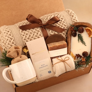 Birthday Gift Box For Her, Spa Set, Artisan Chocolate, Herbal Tea, Cozy Mug