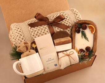 Birthday Gift Box For Her, Spa Set, Artisan Chocolate, Herbal Tea, Cozy Mug