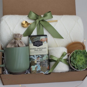 Hygge Fall Gift Basket Cozy care package, Hygge gift box, Gift box for women, Fall gifts for women, Fall gift ideas, Tea Gifts GreenRibMugChocSucc