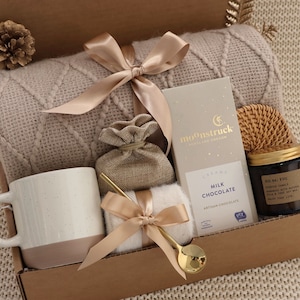 Get Well Soon Blanket Gift Box For Women and Men, Care Package For Her or Him, Thinking Of You, Sympathy, Surgery Recovery, Tea Basket BeigeChoc BohoMug