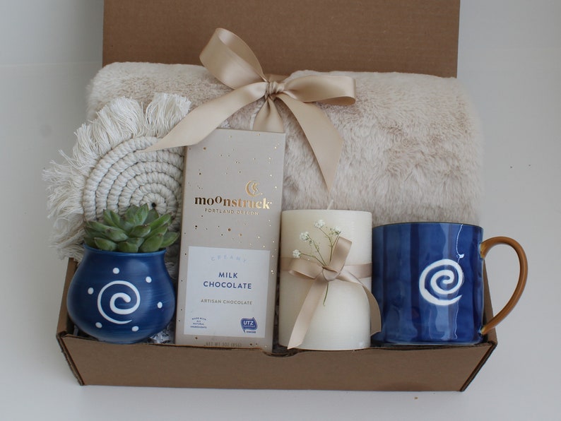 Self Care Gift Box, Sending hugs gift box, Care Package For Her, Care Package Friend, Tea Gift Box, Cheer Up Gift Box, Thinking Of You Boho Blue Blanket