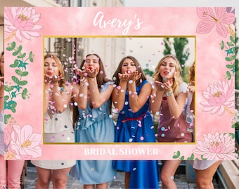 Pink Floral Photo Prop Frame Printable Template for Bridal Shower, Large Photo Booth Frame Pink and Gold, Editable Selfie Frame Board