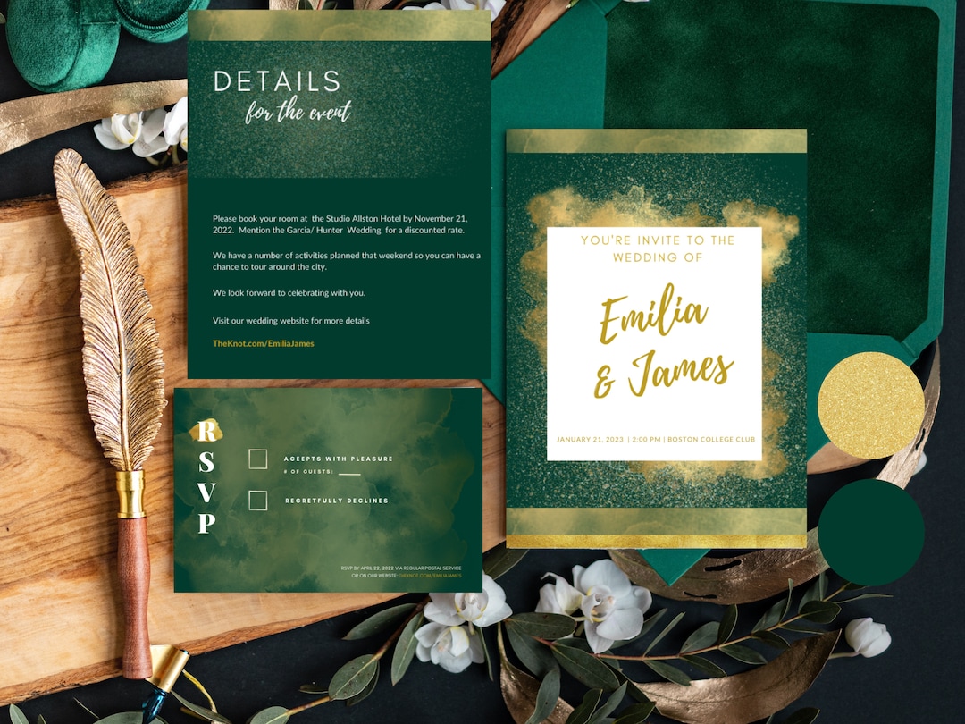 Emerald Green and Gold Wedding Invitation Template, Winter Wedding
