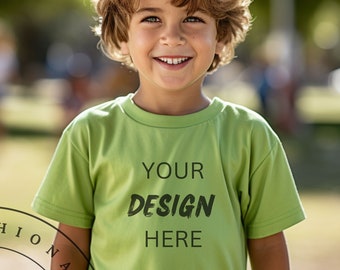 Kinder T-Shirt Mockup Lime Gildan 5000B Mockup Back to School Mockup Schule Lime Grün Kind Shirt Mockup Herbst Jungen Schule Outdoor Mockup