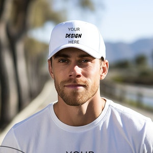 Male Baseball Cap Mockup White Bella Canvas 3001 T-Shirt Matching White Hat Mockup White Trucker Cap Dad Hat Baseball Cap Mockup Mens Shirt