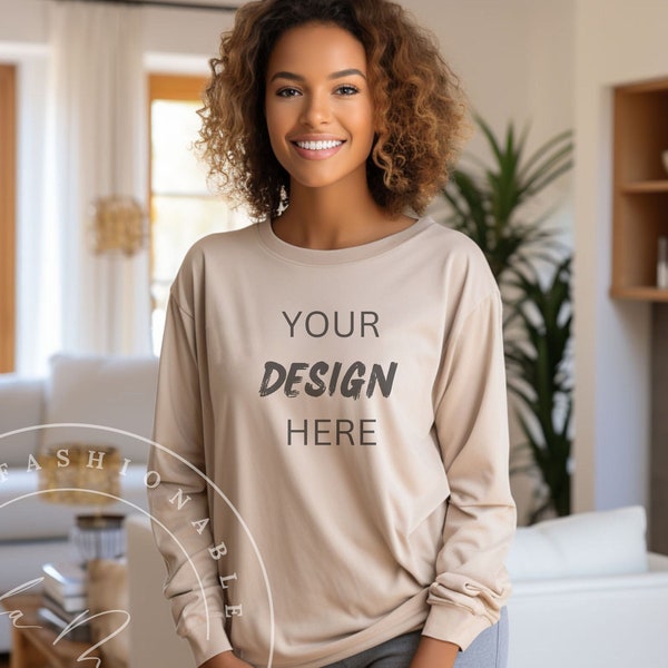 Sand American Apparel 1304 Women's Crew neck Long Sleeve Mockup Black Women Sand Natural Sweatshirt Mockup Beige Sand Light Shirt Mockup